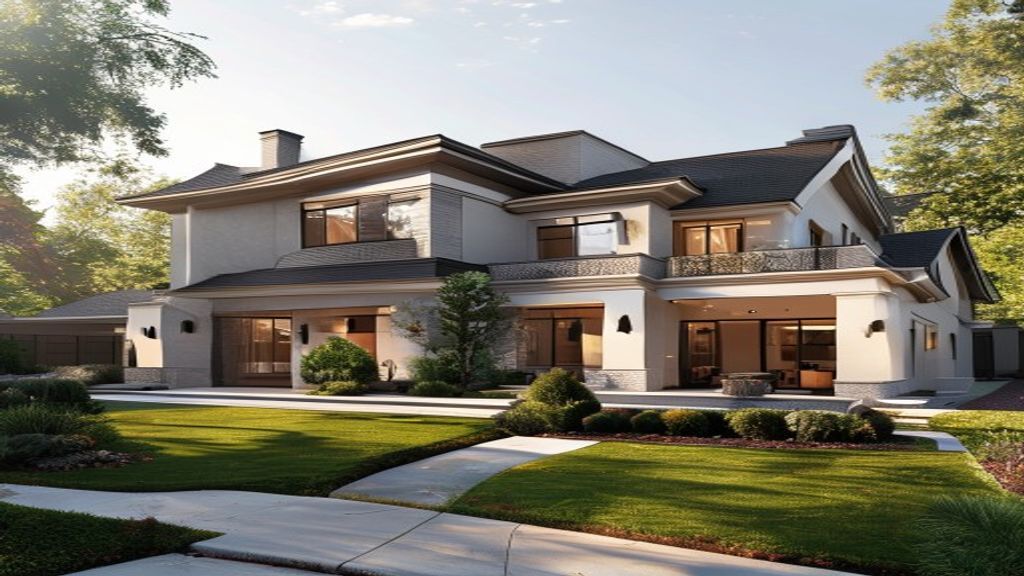 Elegant modern mansion with a sprawling garden and infinity pool, showcasing luxury homes for sale.