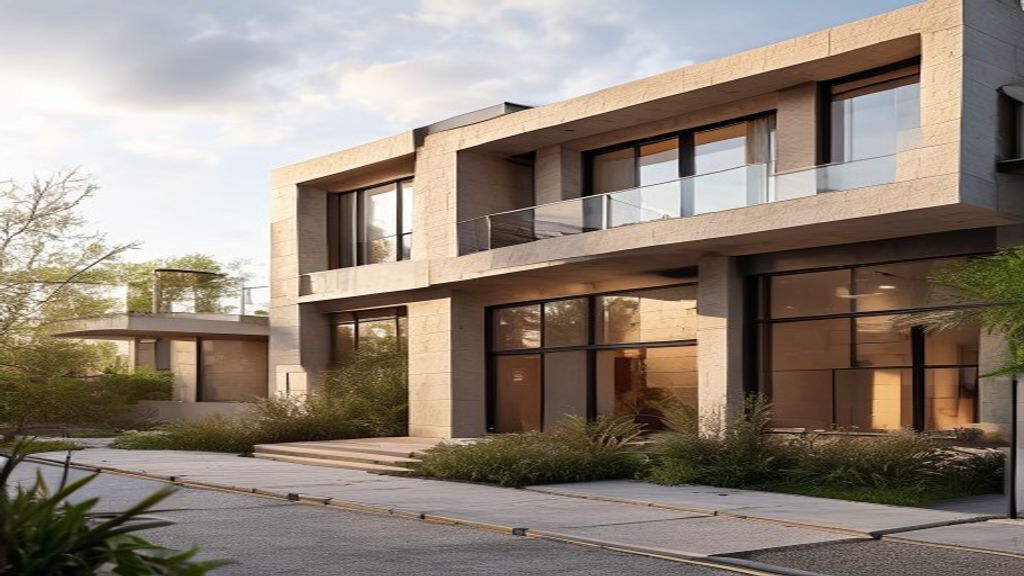 Modern new build house with sleek architecture and landscaped garden.